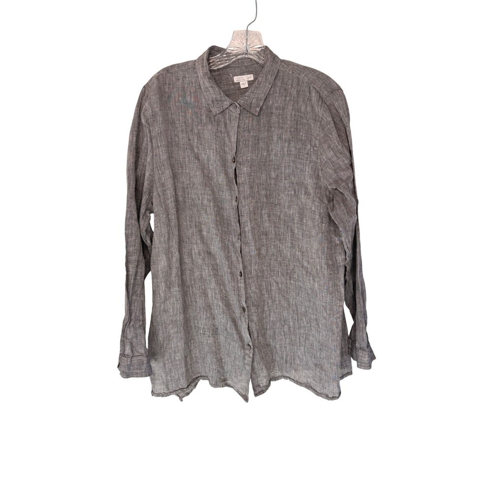 J. Jill Love Linen Essential Shirt Gray Button Up Lagenlook Long Sleeve Large